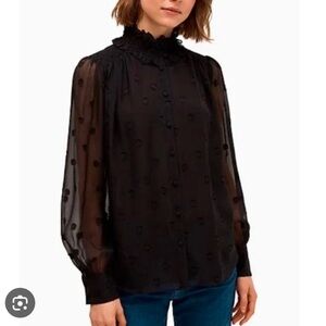 Kate Spade New York XS Sheer Black Silk Polka Dot Blouse Long Sleeve Top